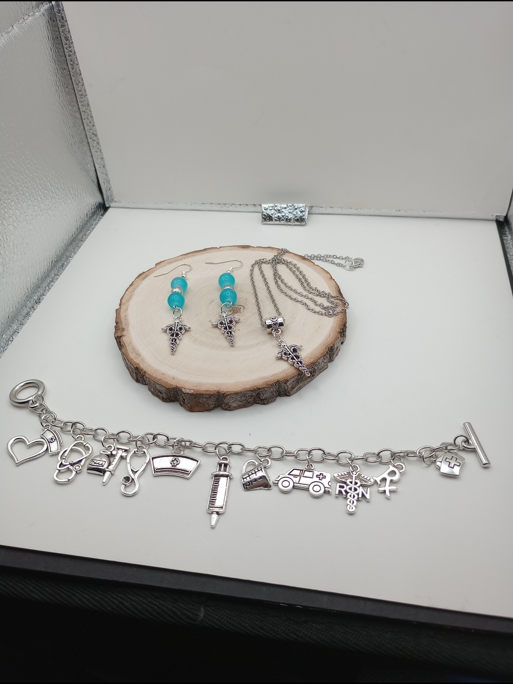 Turquoise Bead and Silver Medical Charm Necklace & Earrings Set